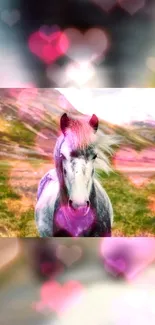 Horse in a dreamy, heart-filled pastel landscape.