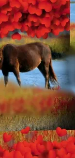 Serene horse by lake with vibrant red hearts backdrop.