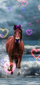 A horse running in ocean waves with neon hearts overlay.