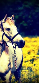 Majestic horse standing in yellow flower field, serene mobile wallpaper.