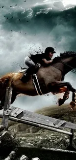 Rider and horse jumping over an obstacle against a dramatic sky.