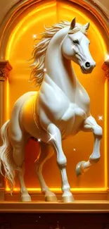 White horse statue with golden glow background.