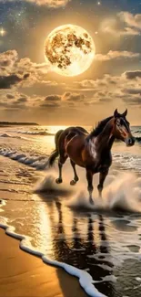 Horse galloping on a serene beach at sunset with a full moon.