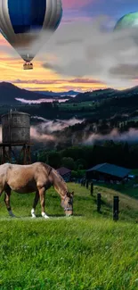 Horse in a fantasy landscape with hot air balloon at sunset.