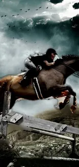 Horse rider jumping under stormy clouds.