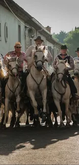 Horse riders parade down street in vibrant urban scene.