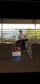 Horse and rider racing indoors in arena.