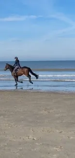 Rider on horseback cantering along a serene beach under a blue sky.
