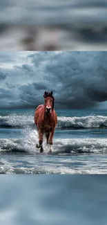 Majestic horse running on a beach with ocean waves and a dramatic sky.