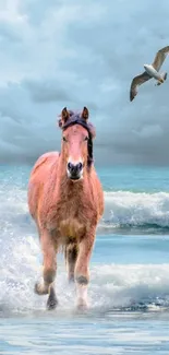 Horse running through waves at the beach with a seagull above under cloudy skies.