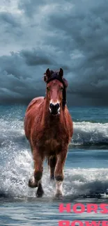 Horse running through ocean waves with dramatic sky.