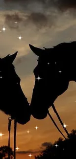 Silhouette of two horses touching noses at sunset.