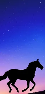 Horse silhouette at twilight with starry sky backdrop.