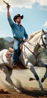 Cowboy riding a white horse with mountains in the background.