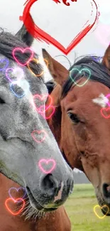 Three horses with a red heart in a scenic backdrop.