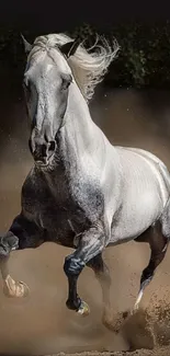 A majestic white horse galloping in the dust.