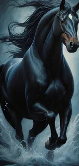 Majestic black stallion running through water in digital art.