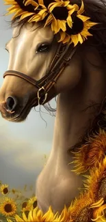 Majestic horse with sunflowers in a beautiful artistic design.