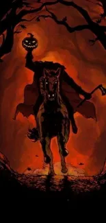 Headless Horseman riding under fiery sky.