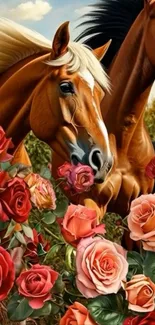 Two majestic horses among vibrant roses in a dreamlike setting.