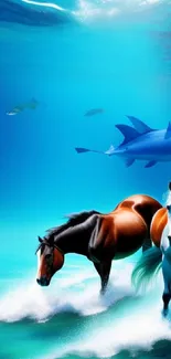 Surreal underwater scene with horses and ocean creatures.