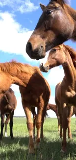 Horses grazing in a sunny meadow with a bright blue sky.