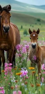 Horses in a vibrant meadow filled with spring flowers.