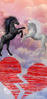 Black and white horses with heart among clouds in pastel sky.