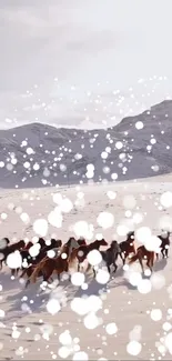 Horses running in a snowy mountain landscape.