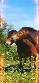 Two horses in a fiery meadow scene, vibrant mobile wallpaper.