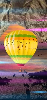 Hot air balloon floating in vibrant fantasy landscape.