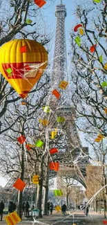 Eiffel Tower with hot air balloon in Paris landscape.