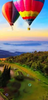 Colorful hot air balloons over lush green hills at sunset.