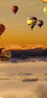 Colorful hot air balloons float in a sunrise sky with emojis.