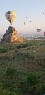 Hot air balloons in Cappadocia's vibrant morning light.