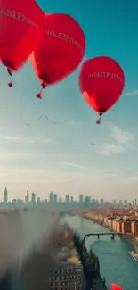 Red hot air balloons floating above cityscape and skyline.