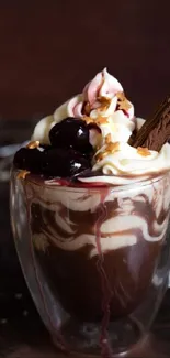 Rich hot chocolate with cream and cherries in a glass mug on dark wooden table.