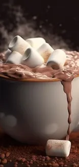 Hot chocolate with marshmallows spilling over a cup.