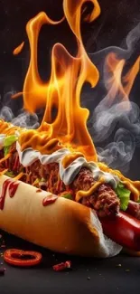 A gourmet hotdog with fiery flames and delicious toppings.