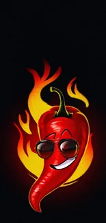 Cartoon chili pepper with sunglasses in flames on a black background.