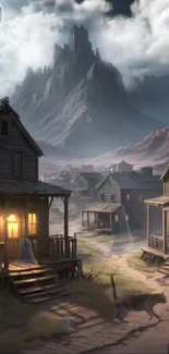 Ghostly western town with mountains under moonlit sky.