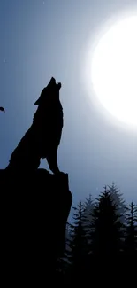 Silhouette of a wolf howling at full moon in a dark forest scene.