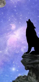 Silhouette of a wolf howling under a galaxy sky with stars and moon.