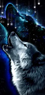 Epic howling wolf with galaxy backdrop on mobile wallpaper.