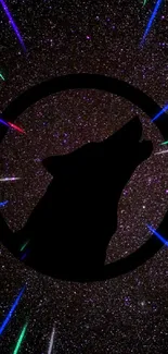 Silhouette of a wolf against a galaxy backdrop with stars and cosmic elements.