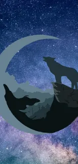 A wolf silhouette against a galaxy-themed sky for a mobile wallpaper.