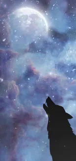 Silhouetted wolf howling at a cosmic galaxy backdrop.