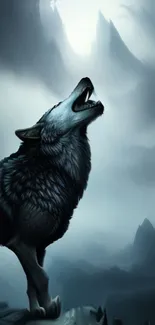 Wolf howling against misty mountain backdrop, creating a serene nature scene.