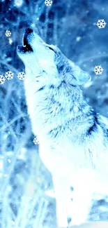 Howling wolf surrounded by falling snowflakes in a winter forest.