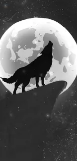 Silhouette of a wolf howling at a full moon with a starry night sky.